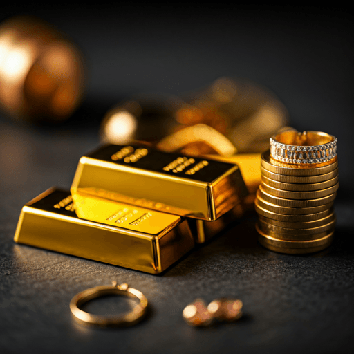 Close up of luxury gold bars and jewelry on a dark surface