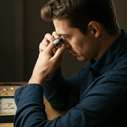 Professional jeweler examining gold jewelry under a magnifying loupe