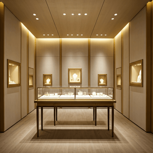Luxury jewelry store interior with gold displays