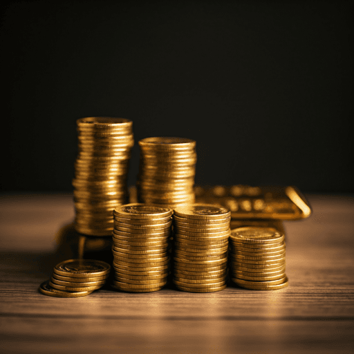 Golden coins and bars stacked neatly